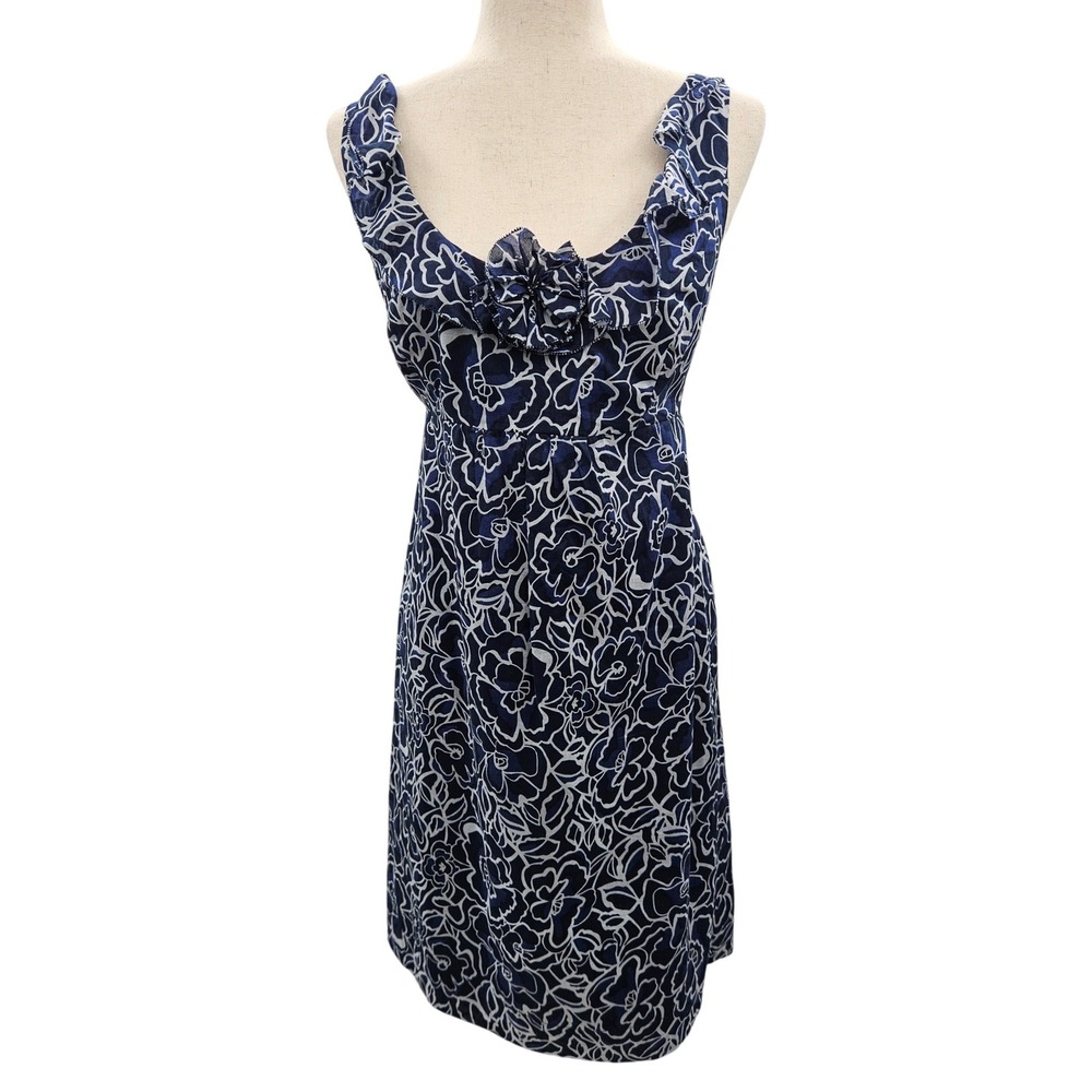 Ann Taylor Navy Blue White Floral Cotton Ruffle Sheath Dress Womens 6 Side Zip